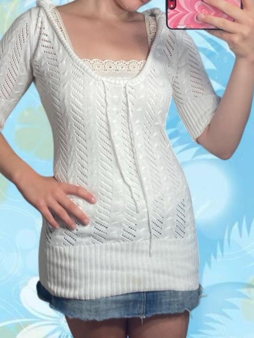 Foxy jeans white cable knit hoodie dress